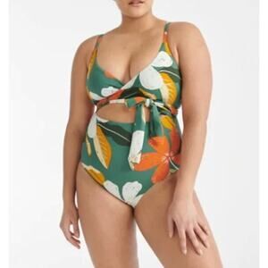 Knix Green and Orange One Piece Swimsuit with Plunging Neckline